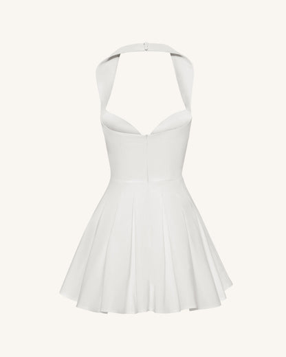 Pilili Büstiyer Halter Yaka Mini Elbise - Beyaz