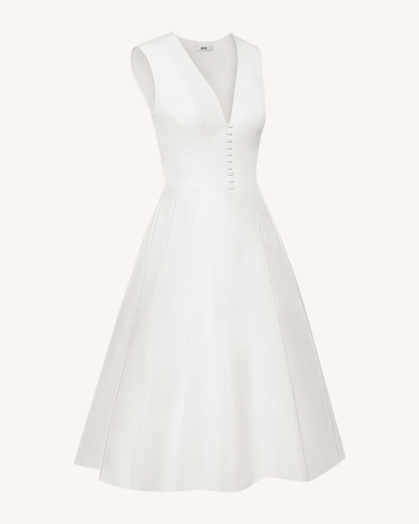 Front V Yaka Pilili Midi Elbise - Beyaz