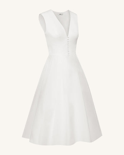 Front V Yaka Pilili Midi Elbise - Beyaz