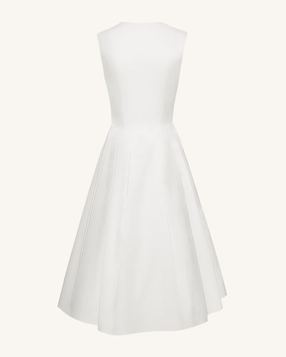 Front V Yaka Pilili Midi Elbise - Beyaz