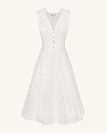 Front V Yaka Pilili Midi Elbise - Beyaz