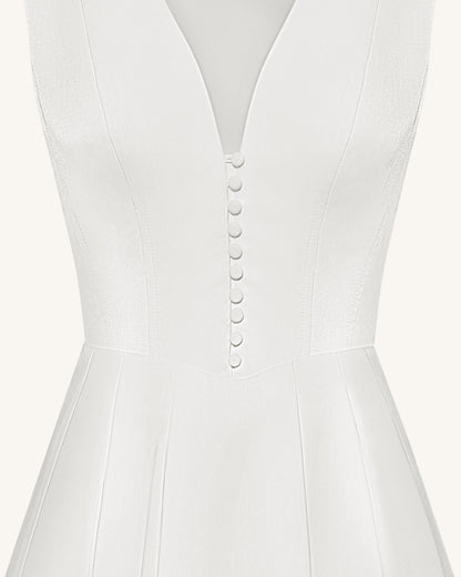 Front V Yaka Pilili Midi Elbise - Beyaz