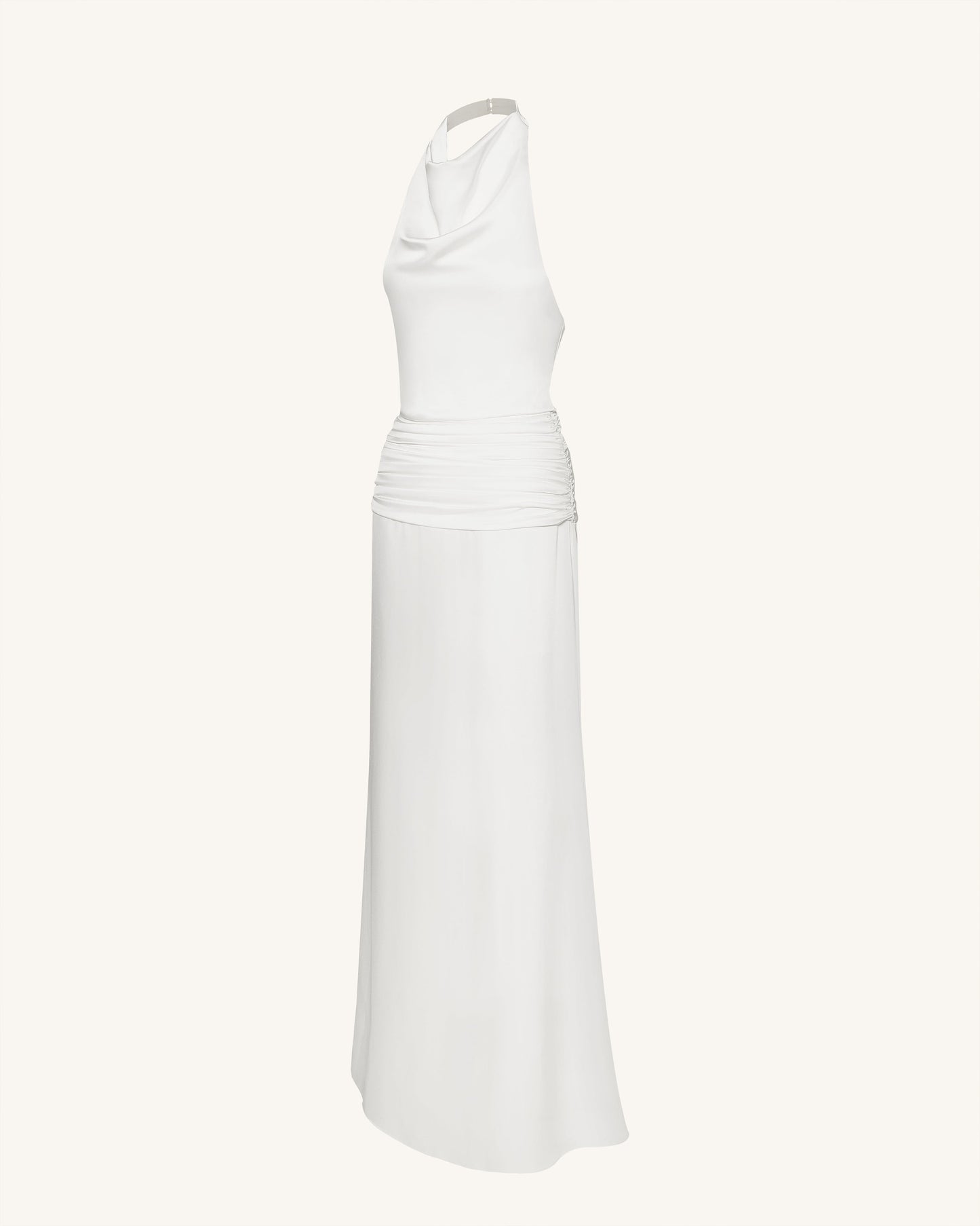 Saten Drape Yaka Büzgülü Maxi Abiye Elbise - Beyaz