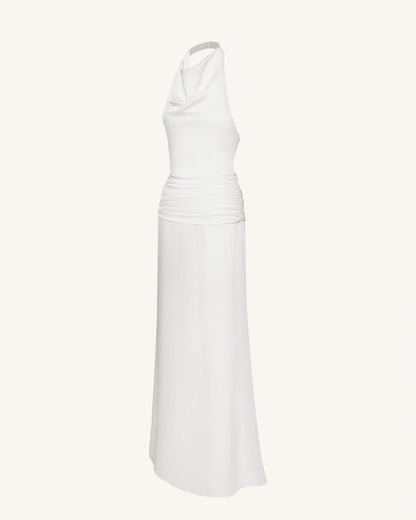 Saten Drape Yaka Büzgülü Maxi Abiye Elbise - Beyaz