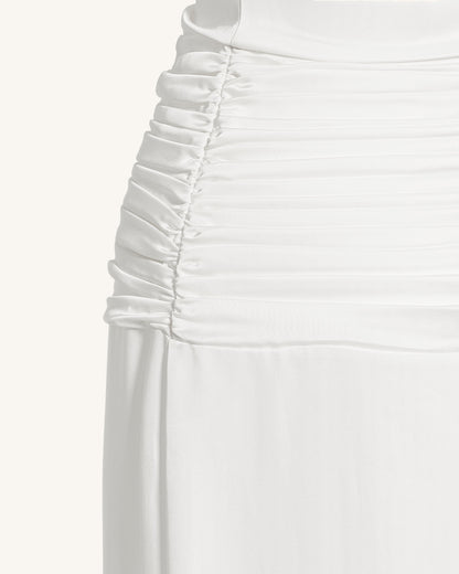 Saten Drape Yaka Büzgülü Maxi Abiye Elbise - Beyaz