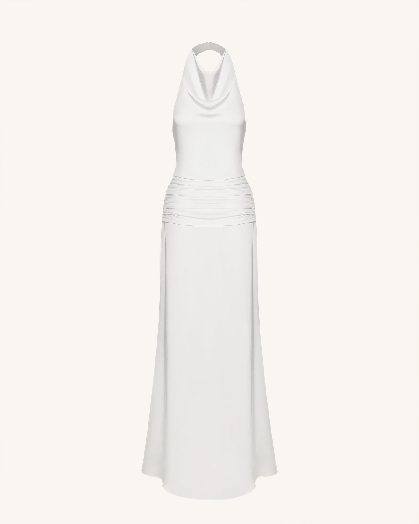 Saten Drape Yaka Büzgülü Maxi Abiye Elbise - Beyaz