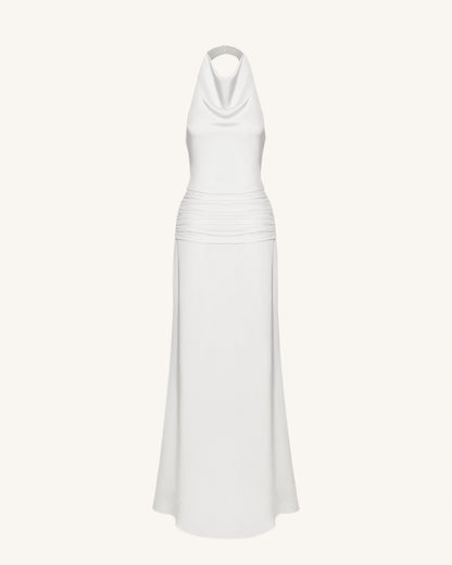 Saten Drape Yaka Büzgülü Maxi Abiye Elbise - Beyaz