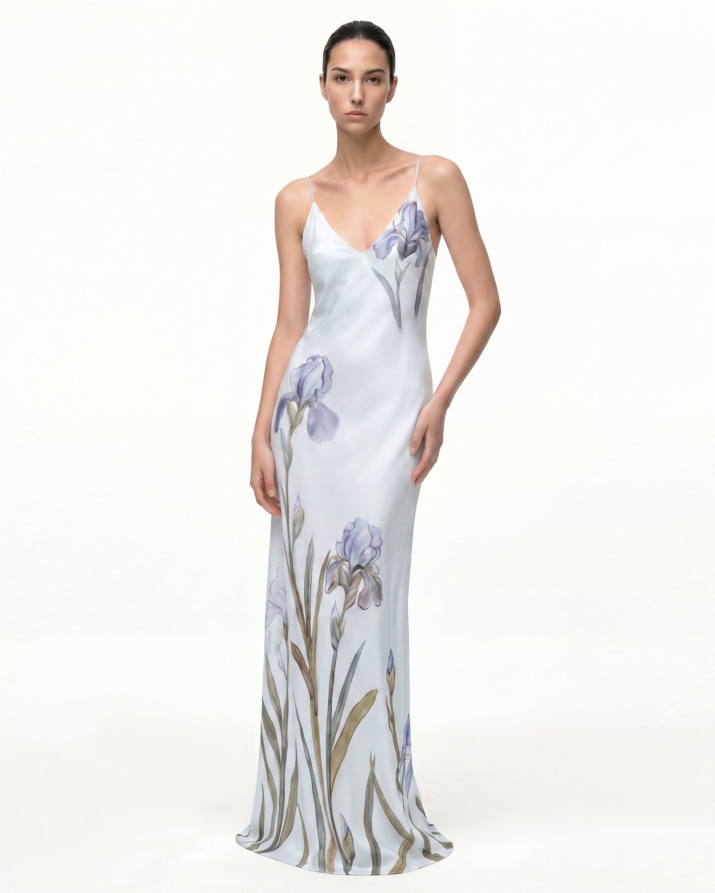 Iris Motifli Saten Slip (Askılı) Abiye Elbise - Açık Mavi