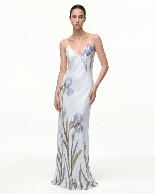 Iris Motifli Saten Slip (Askılı) Abiye Elbise - Açık Mavi