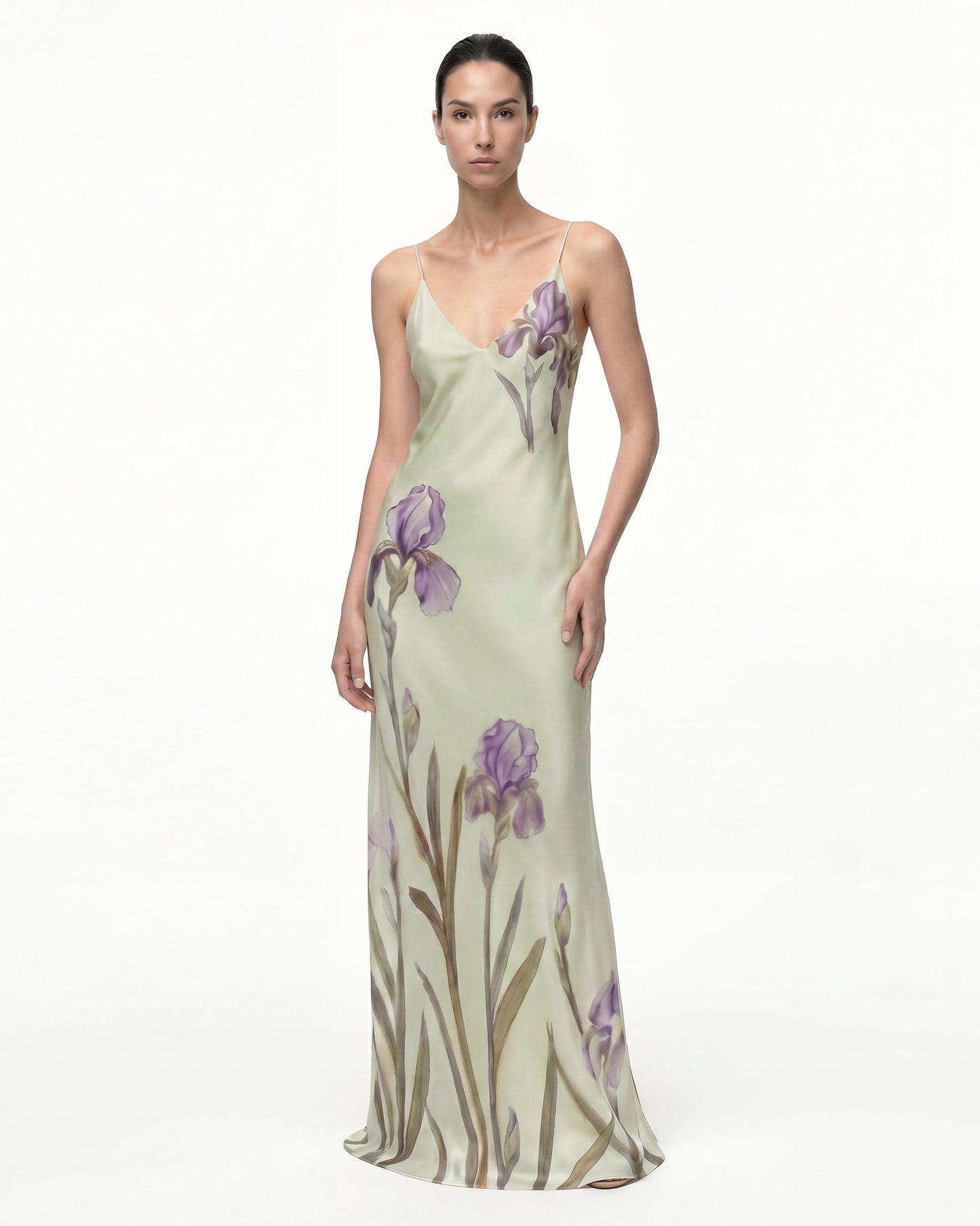 Iris Motifli Saten Slip (Askılı) Abiye Elbise - Açık Green/Purple
