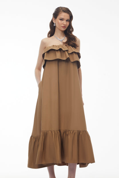Laelia Camel Tiered Ruffled Midi Dress