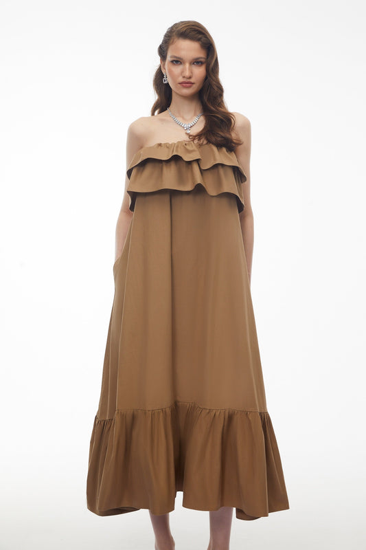 Laelia Camel Tiered Ruffled Midi Dress