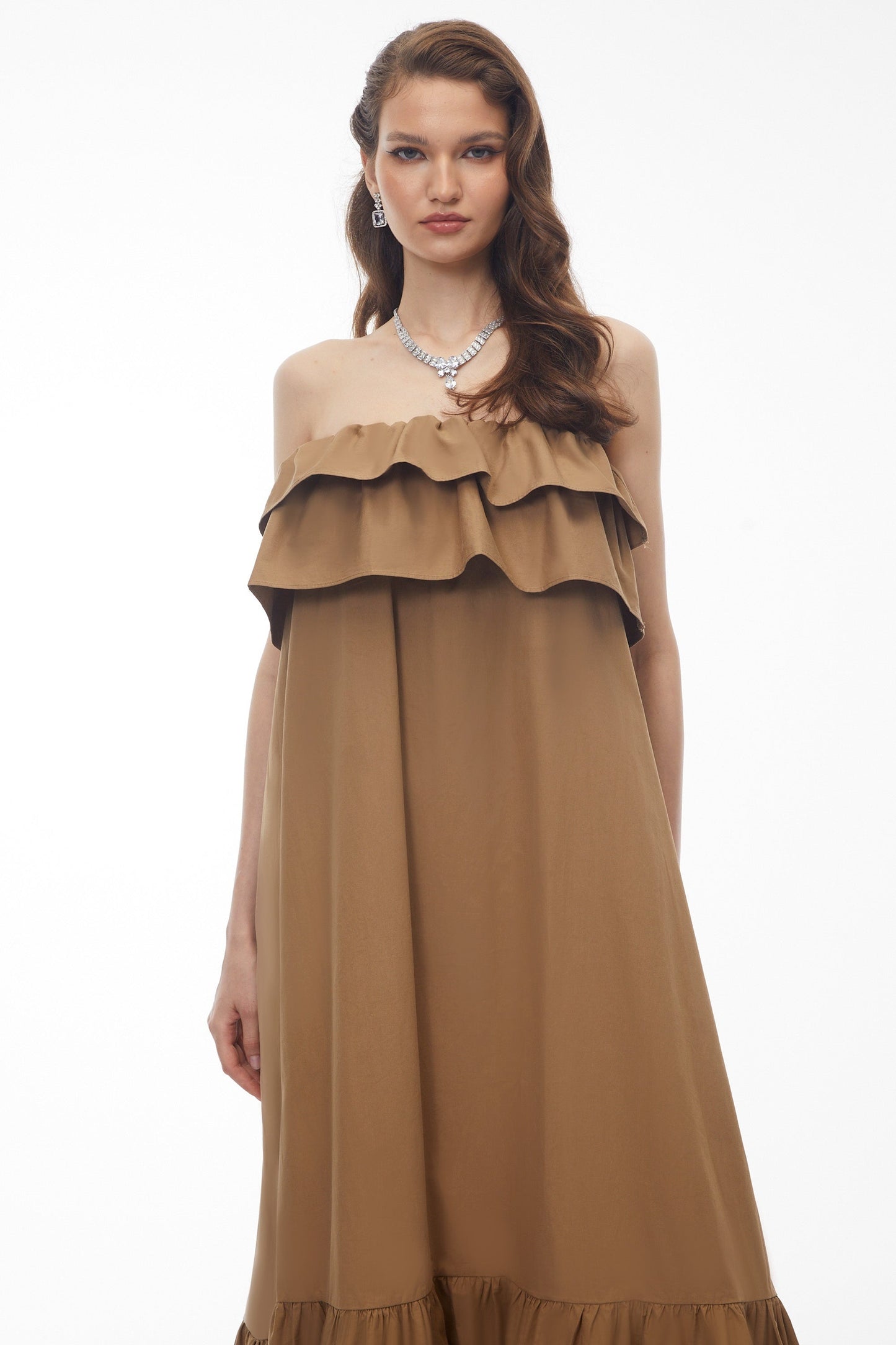 Laelia Camel Tiered Ruffled Midi Dress