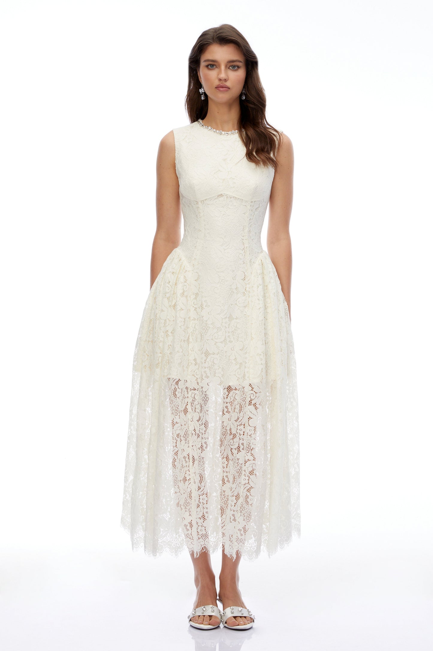 Laia Cream Lace Sleeveless Ruched Maxi Dress