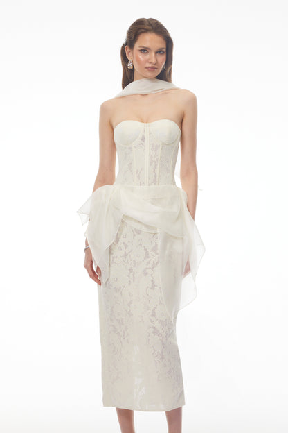 Larissa White Off Shoulder Floral Lace Midi Dress