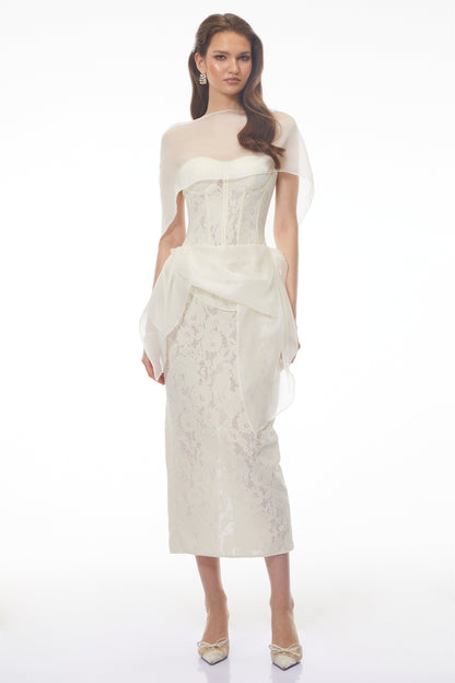 Larissa White Off Shoulder Floral Lace Midi Dress