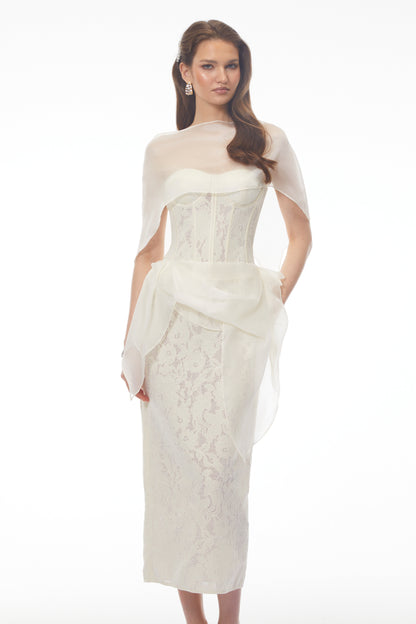Larissa White Off Shoulder Floral Lace Midi Dress