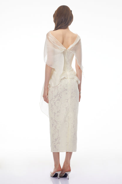 Larissa White Off Shoulder Floral Lace Midi Dress