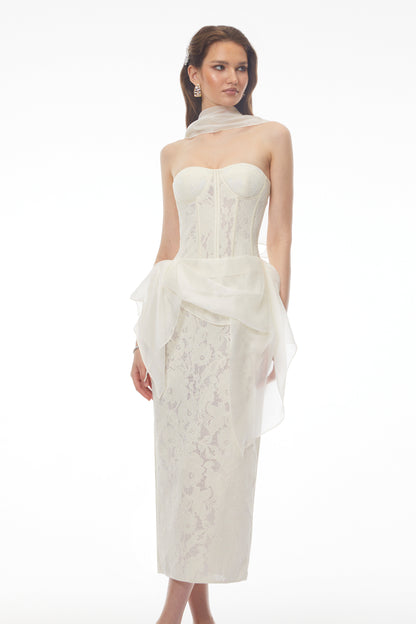 Larissa White Off Shoulder Floral Lace Midi Dress