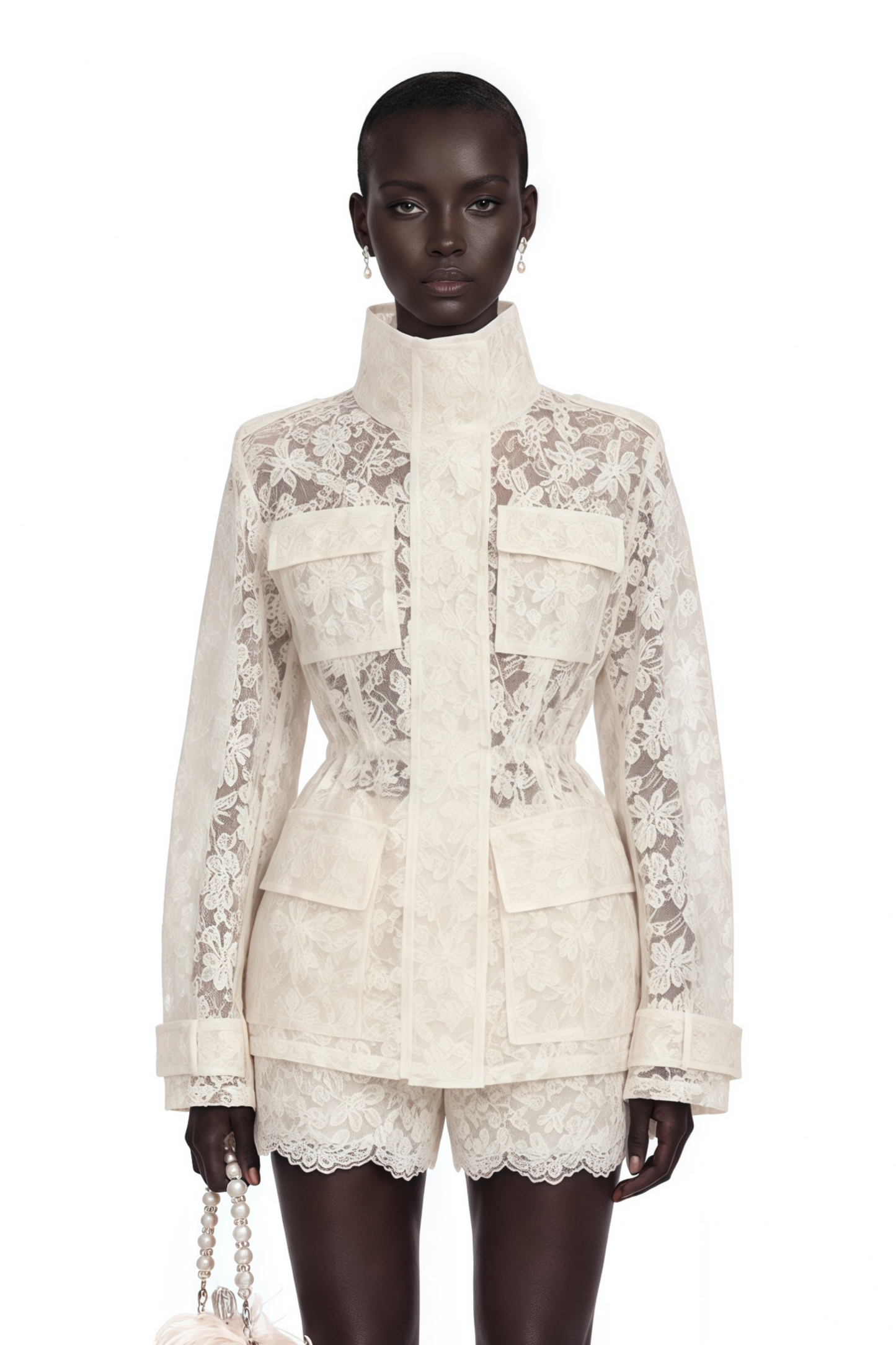 Laura Ivory Turtleneck Floral Lace Jacket & Shorts Set