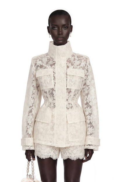 Laura Ivory Turtleneck Floral Lace Jacket & Shorts Set