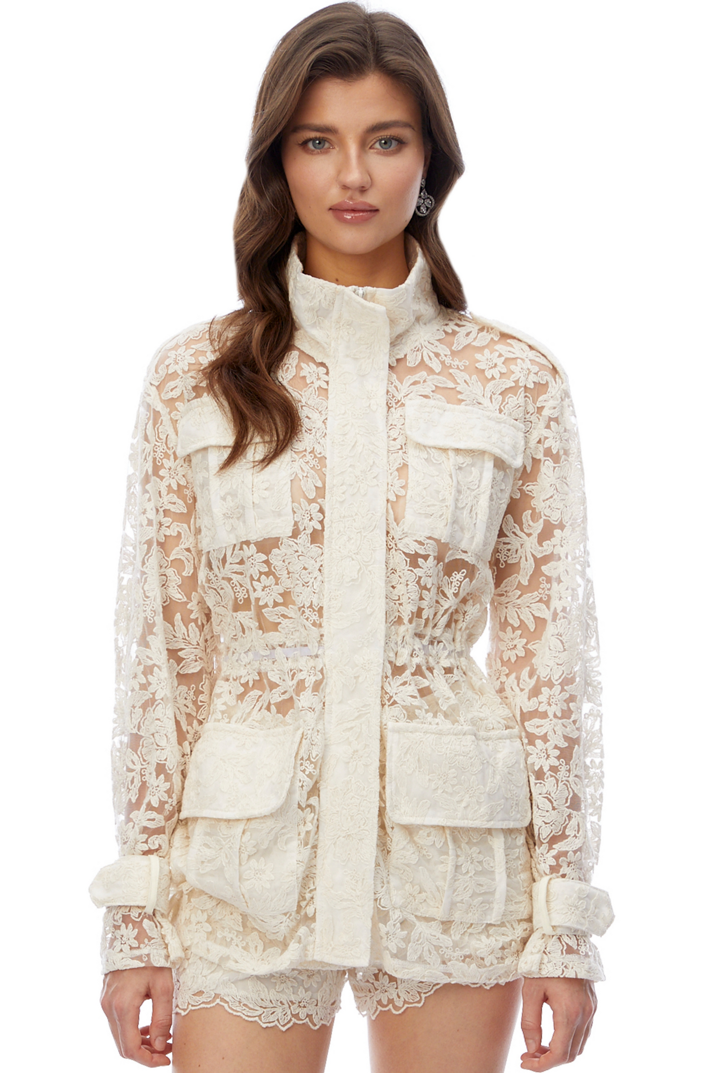 Laura Ivory Turtleneck Floral Lace Jacket & Shorts Set