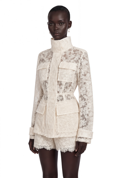 Laura Ivory Turtleneck Floral Lace Jacket & Shorts Set
