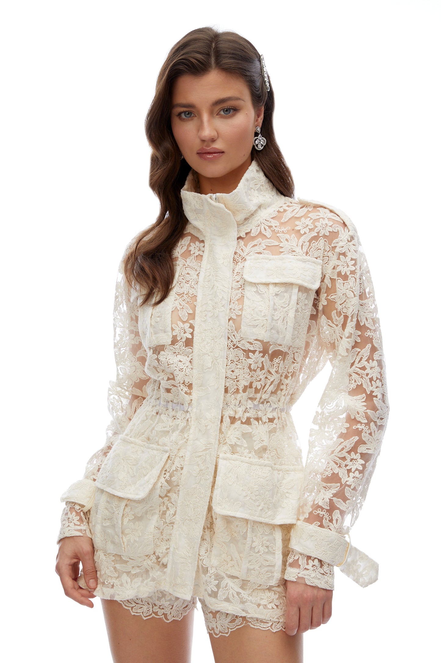 Laura Ivory Turtleneck Floral Lace Jacket & Shorts Set