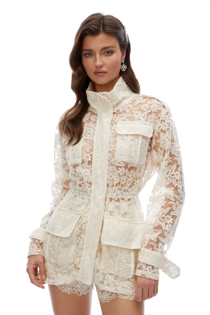Laura Ivory Turtleneck Floral Lace Jacket & Shorts Set