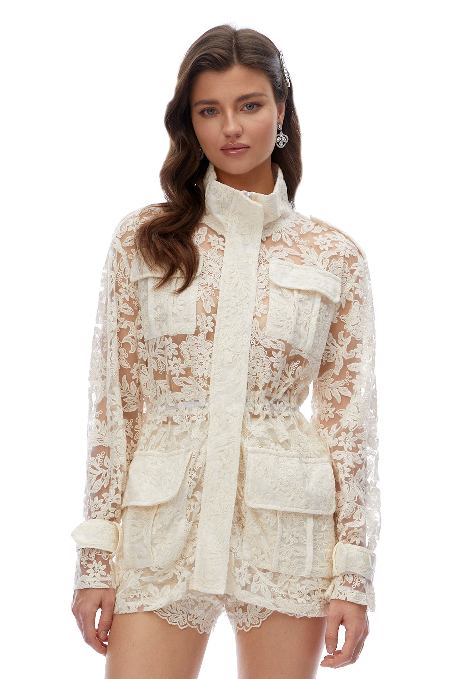 Laura Ivory Turtleneck Floral Lace Jacket & Shorts Set