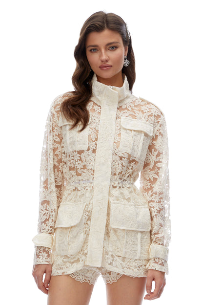 Laura Ivory Turtleneck Floral Lace Jacket & Shorts Set