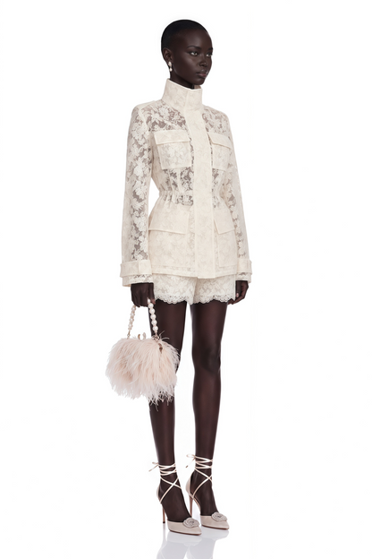 Laura Ivory Turtleneck Floral Lace Jacket & Shorts Set