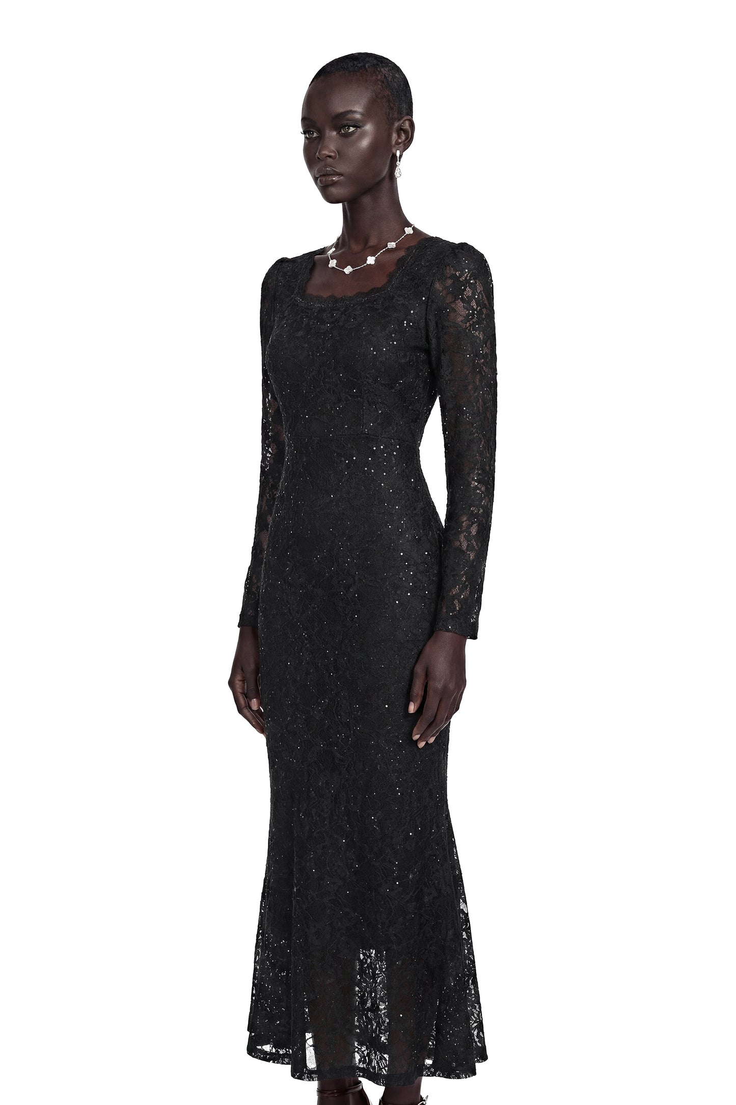 Lavender Black Floral Lace Fishtail Maxi Dress