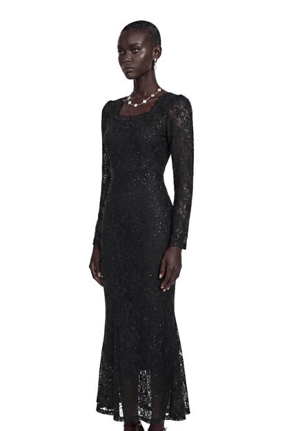 Lavender Black Floral Lace Fishtail Maxi Dress