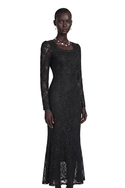 Lavender Black Floral Lace Fishtail Maxi Dress