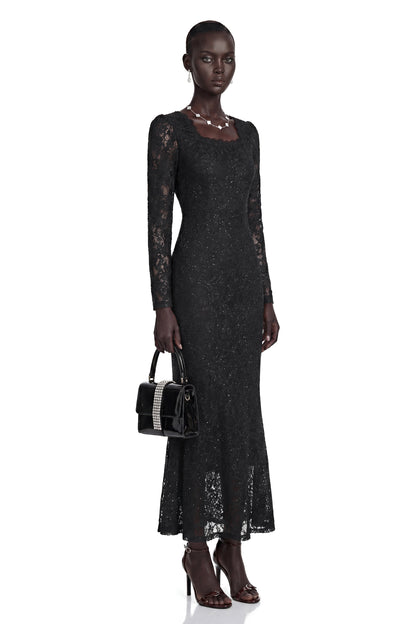 Lavender Black Floral Lace Fishtail Maxi Dress