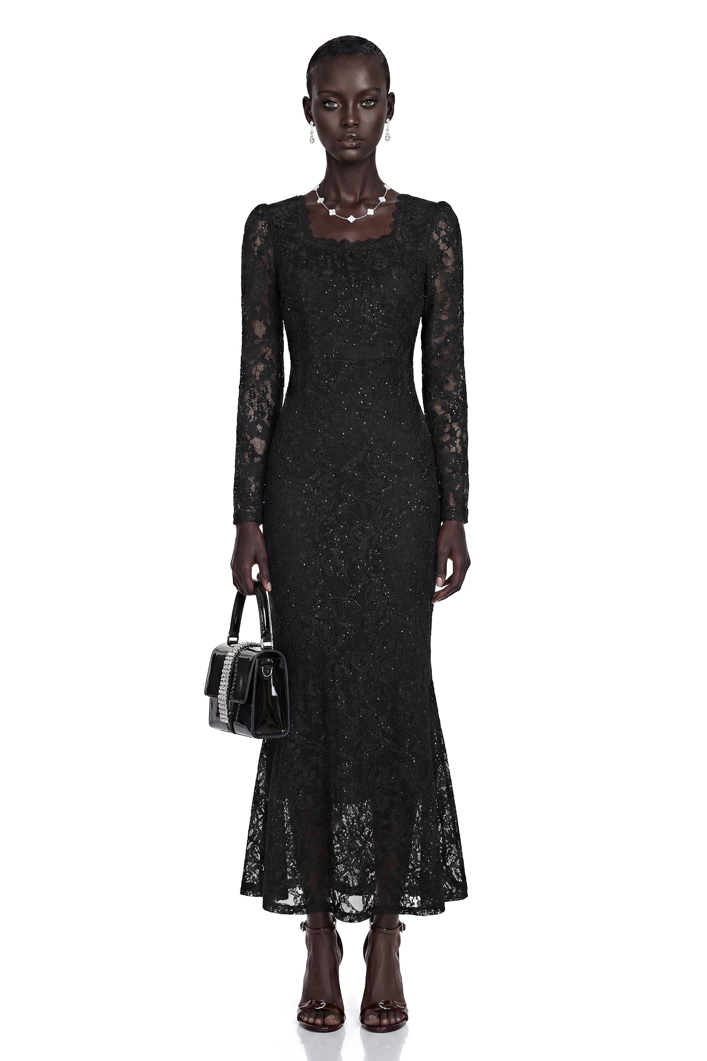 Lavender Black Floral Lace Fishtail Maxi Dress