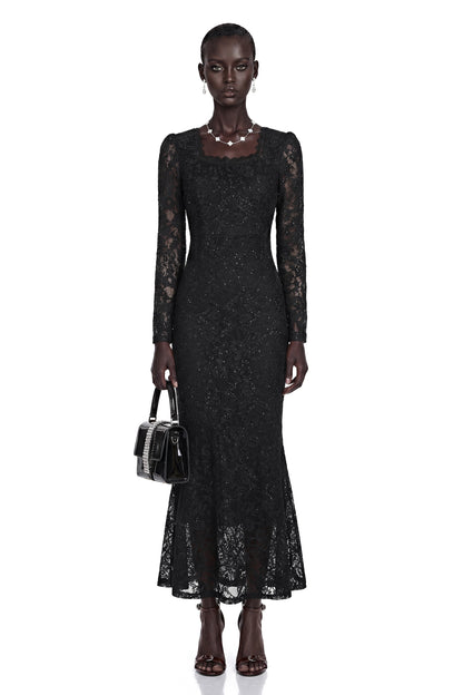 Lavender Black Floral Lace Fishtail Maxi Dress