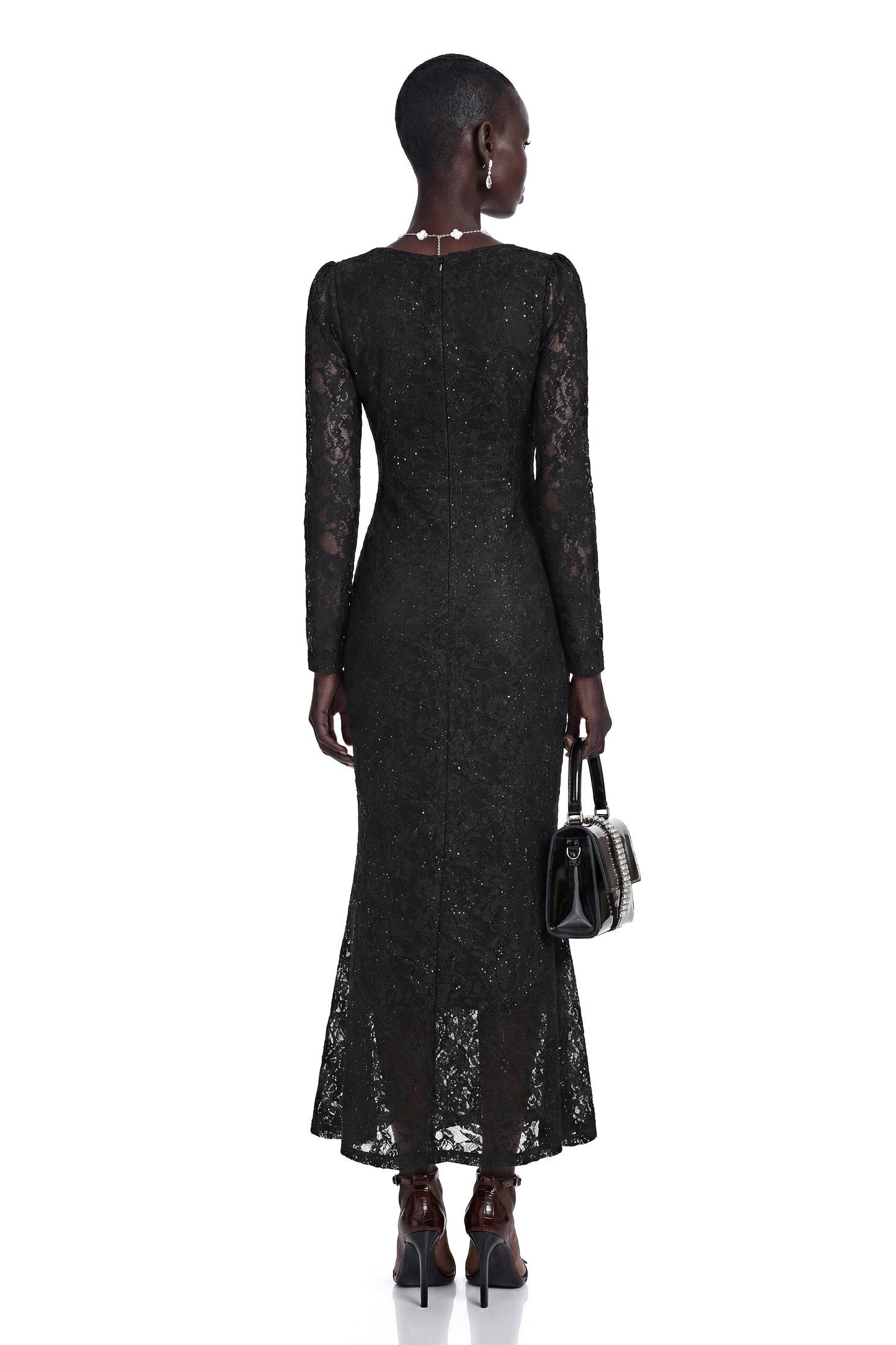 Lavender Black Floral Lace Fishtail Maxi Dress