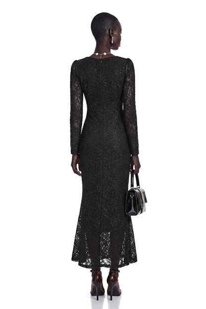 Lavender Black Floral Lace Fishtail Maxi Dress