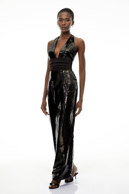 Lavinia Black Plunge Neck Halterneck Sequin Maxi Dress