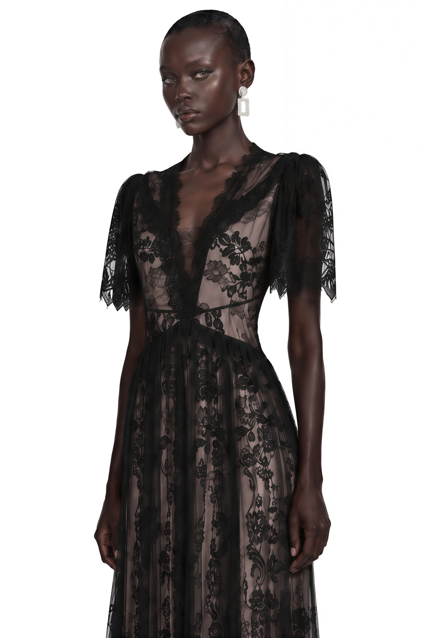 Lavinia Black Sheer Lace V-Neck Maxi Dress