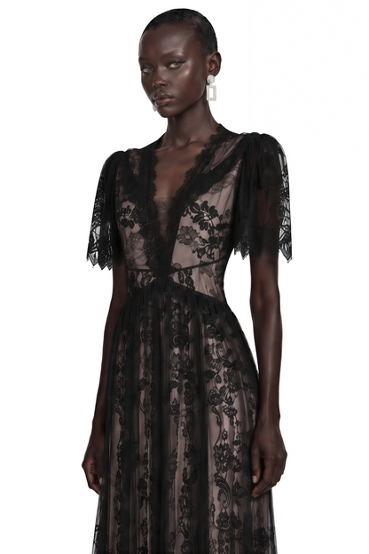 Lavinia Black Sheer Lace V-Neck Maxi Dress