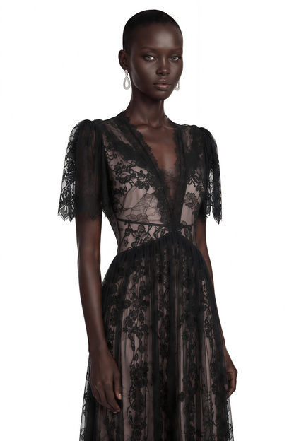 Lavinia Black Sheer Lace V-Neck Maxi Dress
