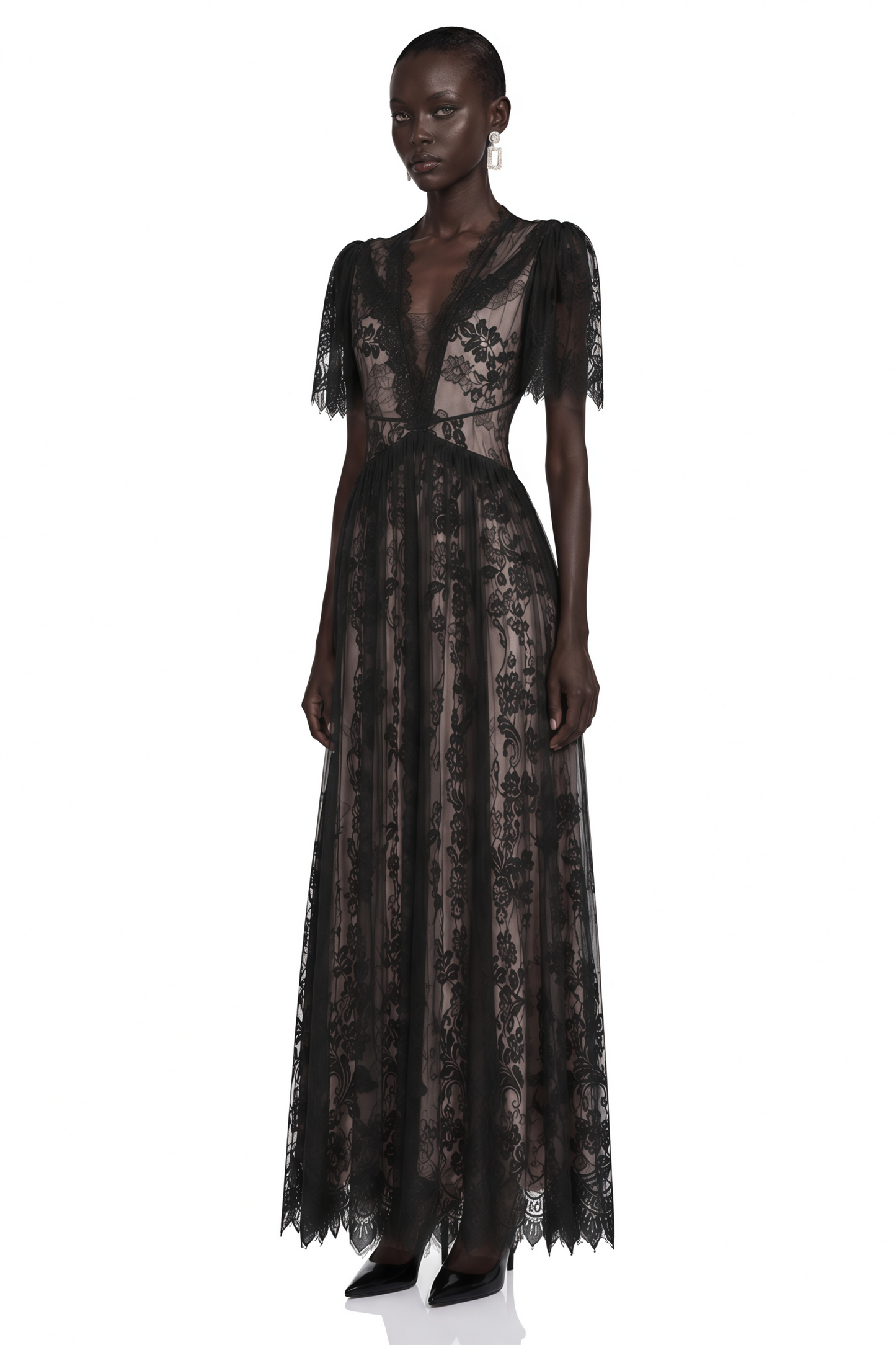Lavinia Black Sheer Lace V-Neck Maxi Dress
