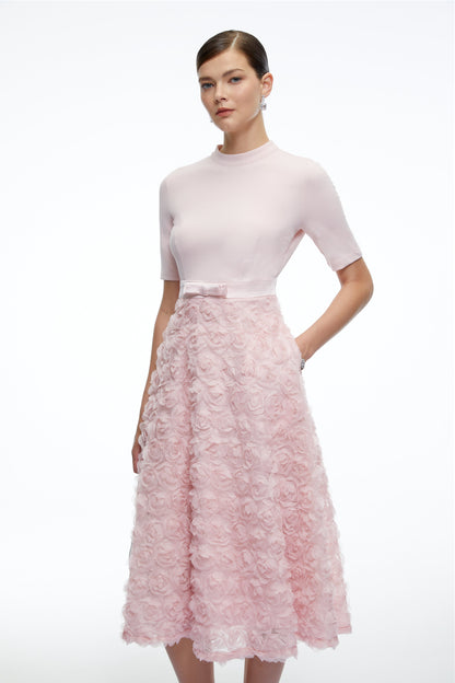 Lavinia Pink Tiered Midi Dress with 3D Florals