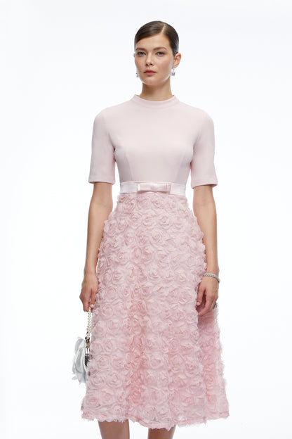 Lavinia Pink Tiered Midi Dress with 3D Florals