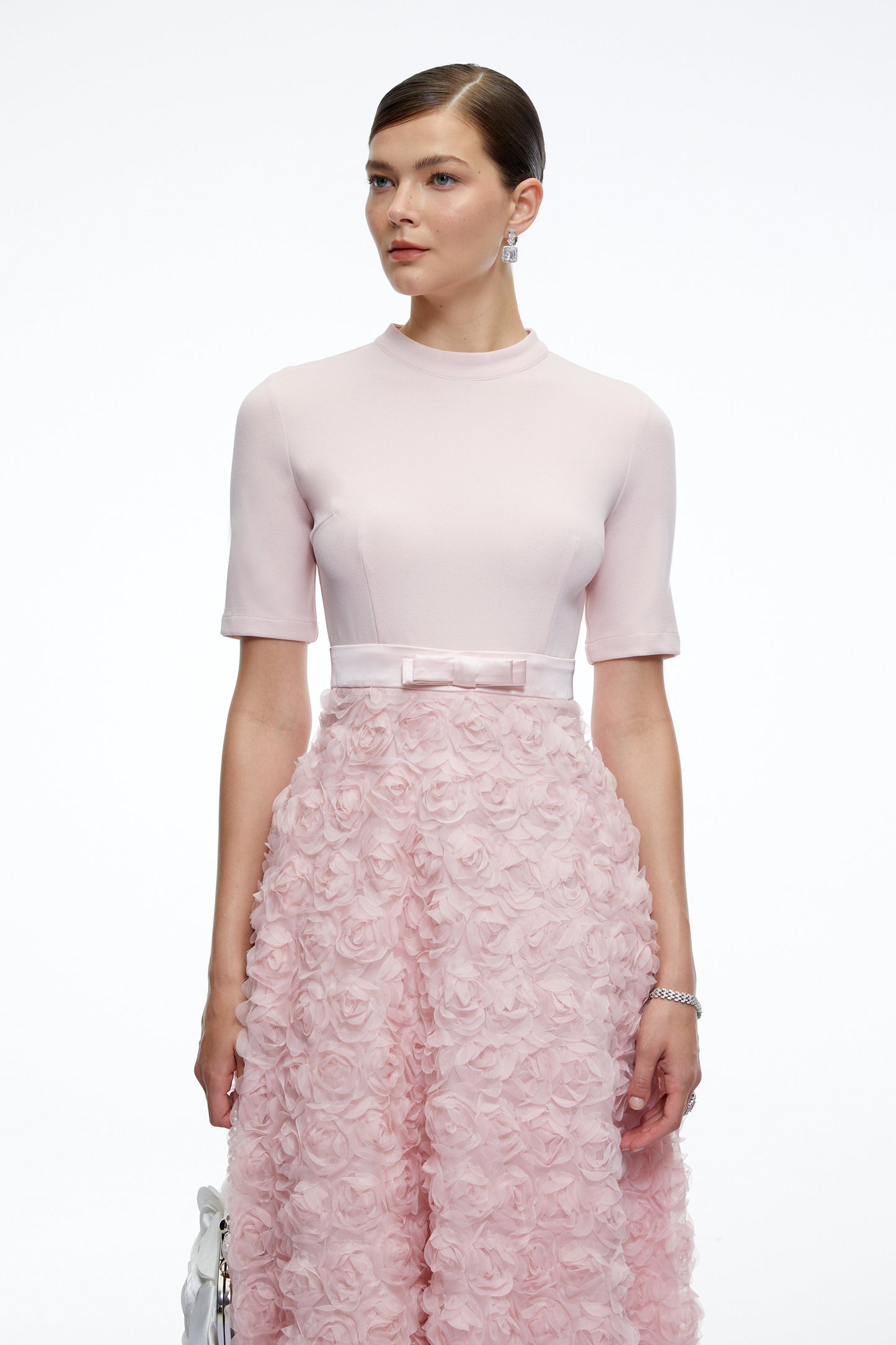Lavinia Pink Tiered Midi Dress with 3D Florals
