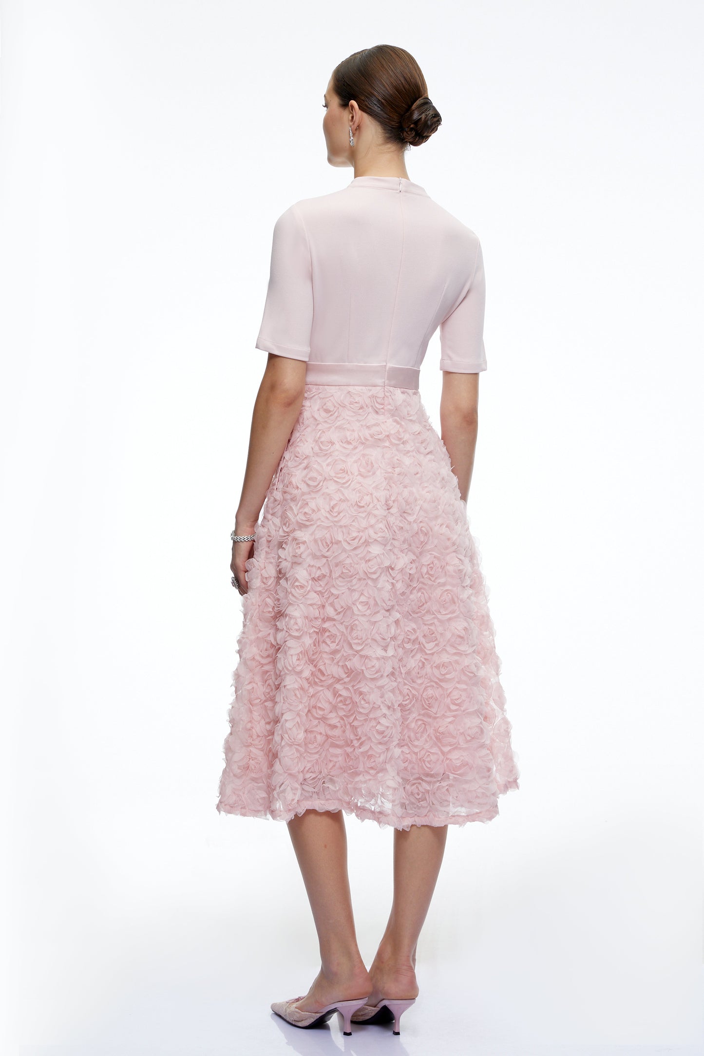 Lavinia Pink Tiered Midi Dress with 3D Florals