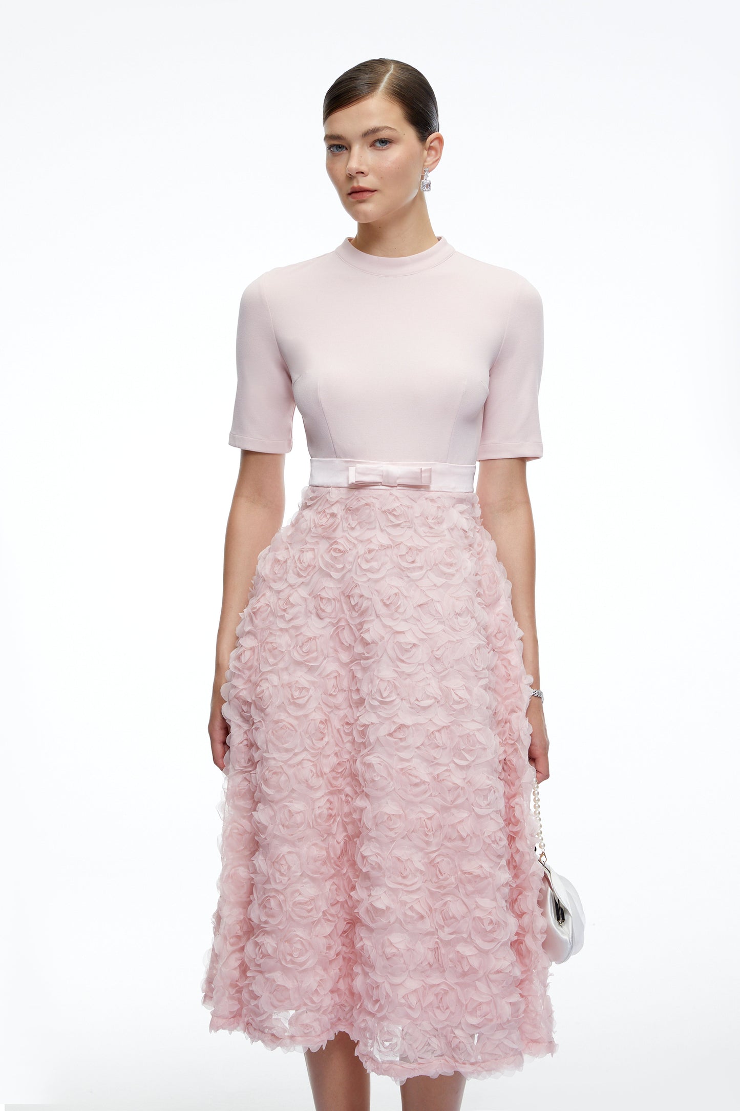 Lavinia Pink Tiered Midi Dress with 3D Florals